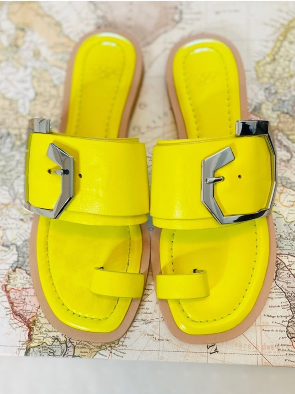 Louise et Cie Bright Yellow Buckle Toe-Loop Slide Sandals